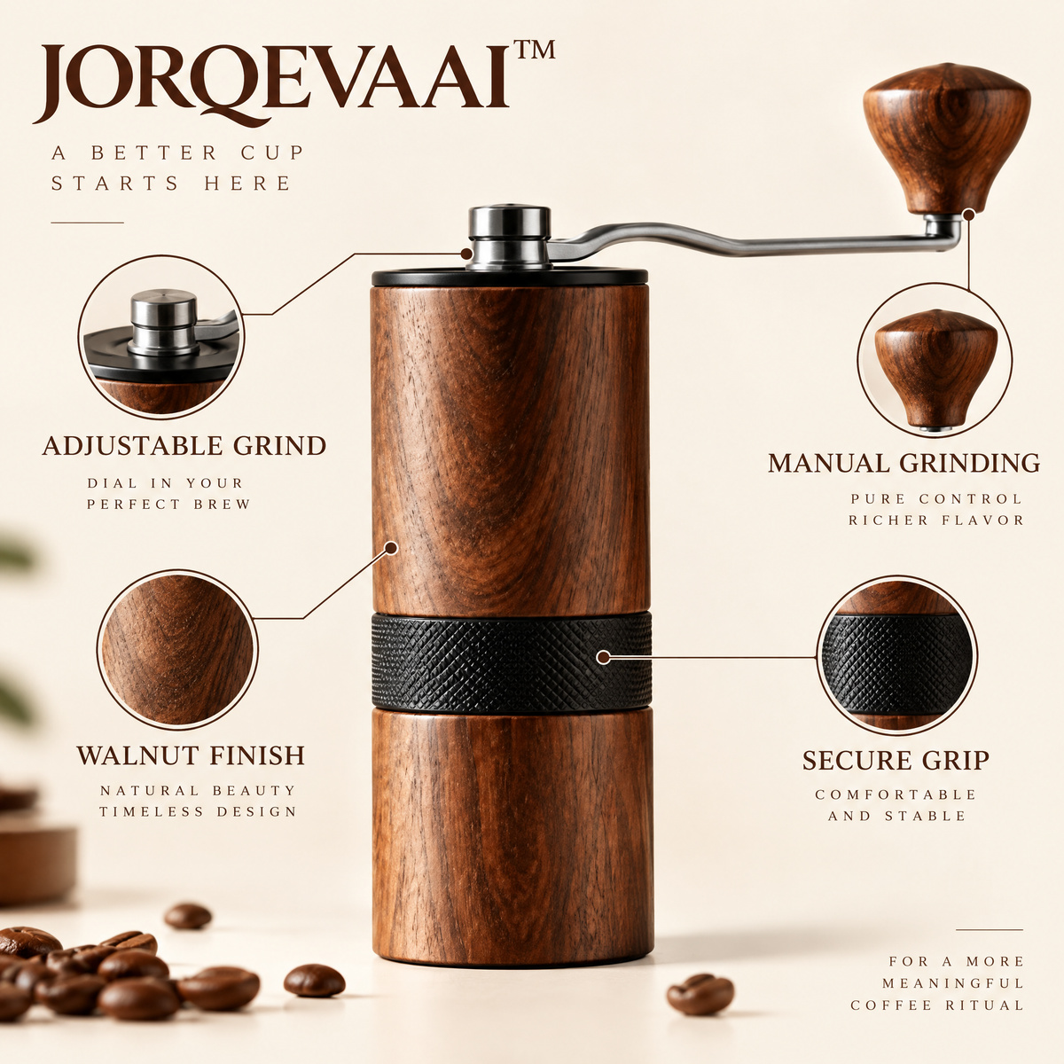 JORQEVAAI™ Walnut Hand Grinder